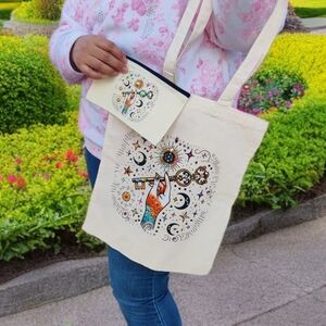 Artistic Beige Tote Bag with Matching Pouch